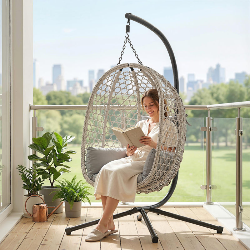 Outsunny Hanging Egg Chair, Indoor Outdoor Rattan Hammock Swing Chair with Stand, Safety Strap, Foldable Basket, Light – view 9