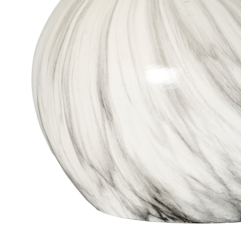 Close-up of the white and grey marbled glaze