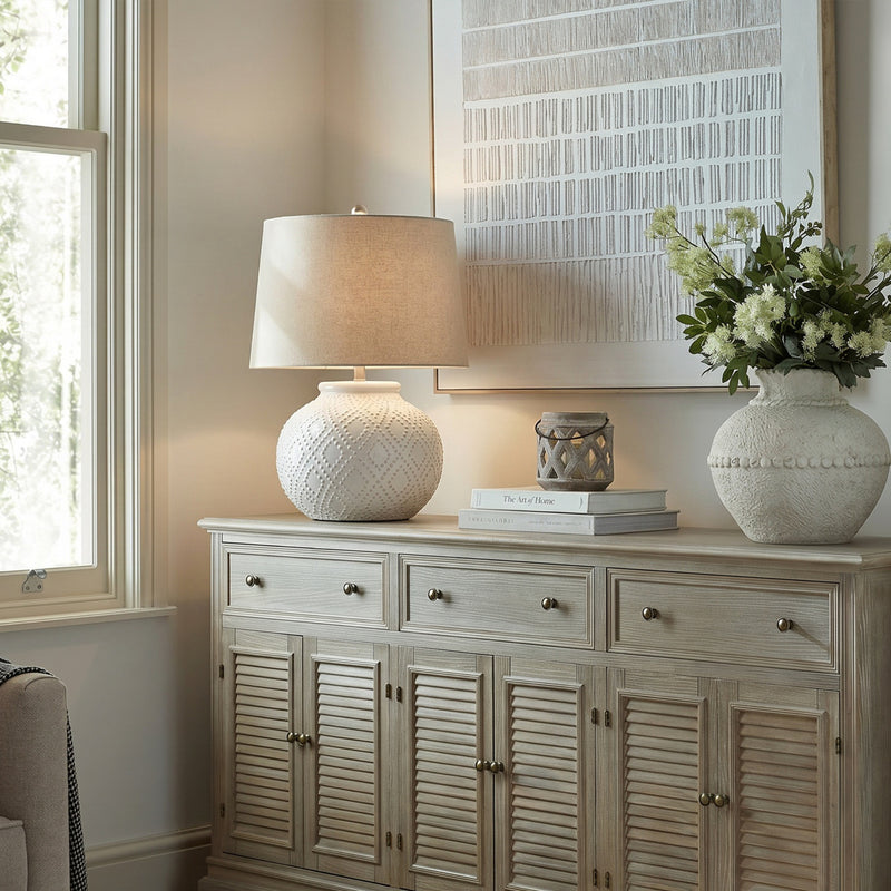 White Beaded Ceramic Table Lamp with Linen Shade – 56cm, additional product view 3