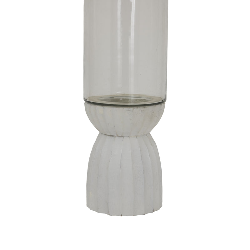 White Fluted Hurricane Candle Holder with Glass – 32.5cm, close-up of the glass on the carved white base