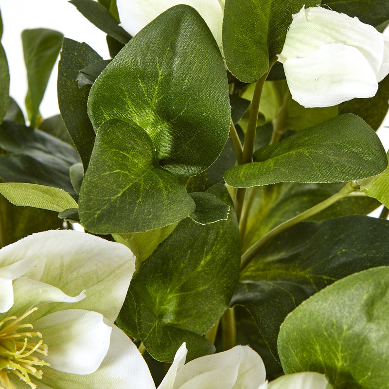 White Hellebore Artificial Plant in Grey Pot – 42cm, close-up of hellebore leaves and flowers