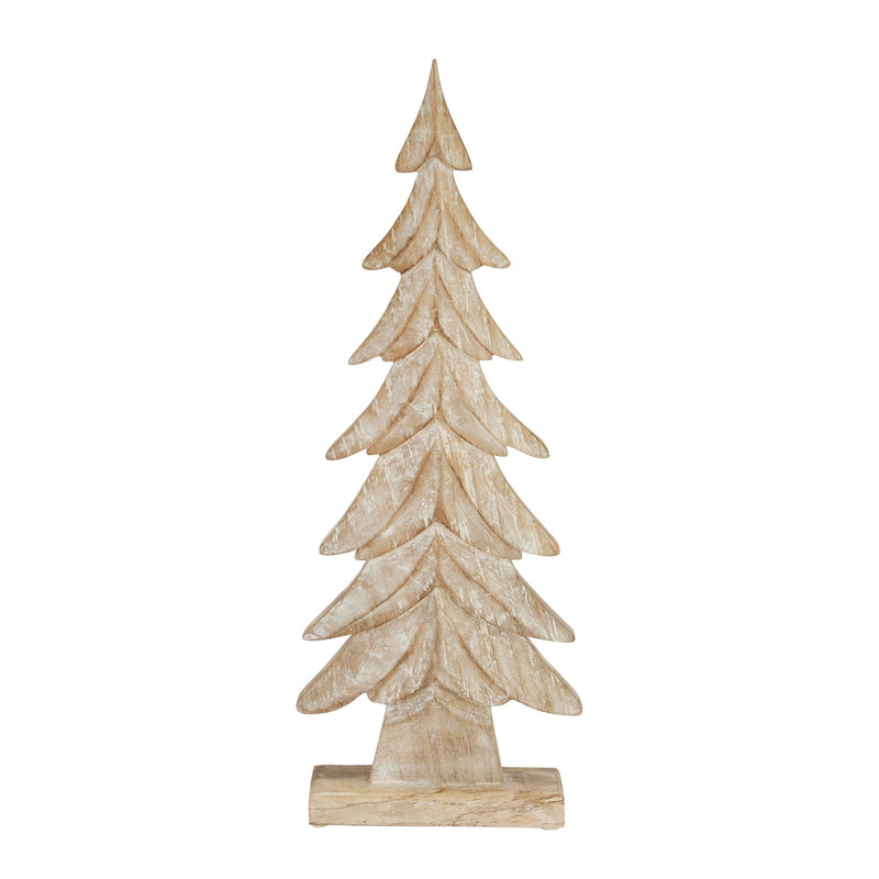 Whitewashed carved wooden Christmas tree, front view