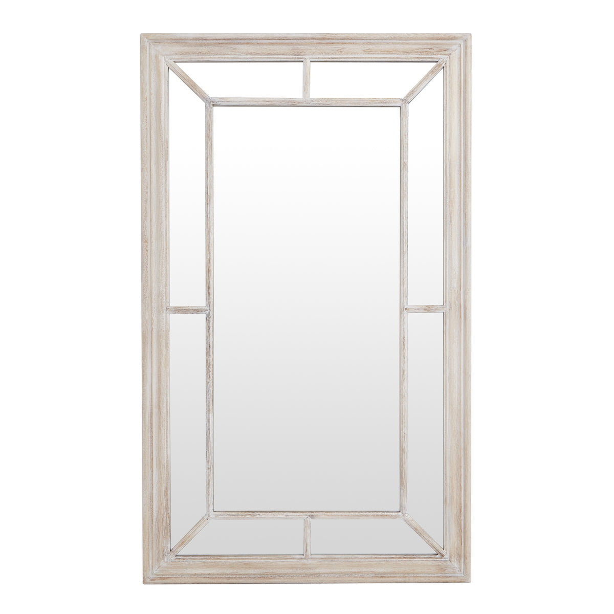 Whitewashed wood window mirror, front view