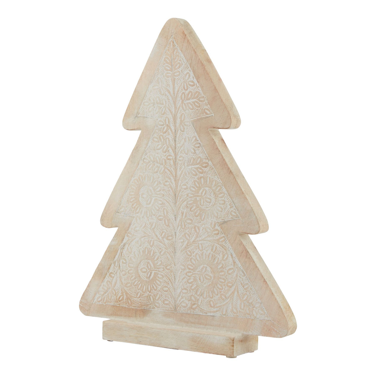 Whitewashed patterned wooden Christmas tree on white