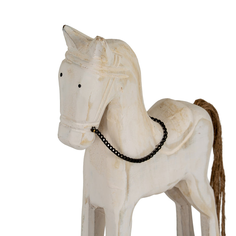 Close-up of the rocking horse head, chain reins and jute tail