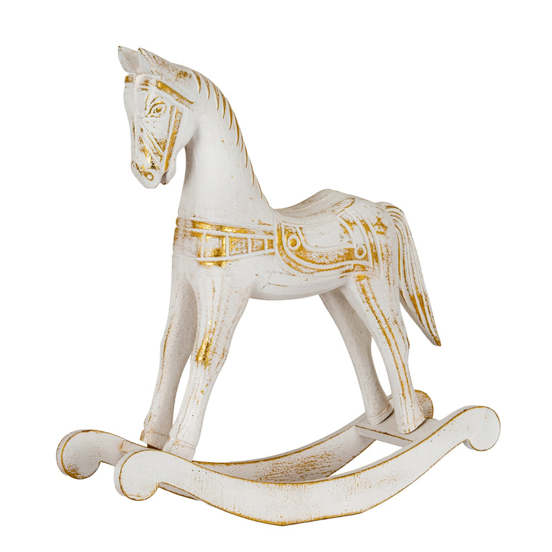 Whitewashed wooden rocking horse with gold details on white