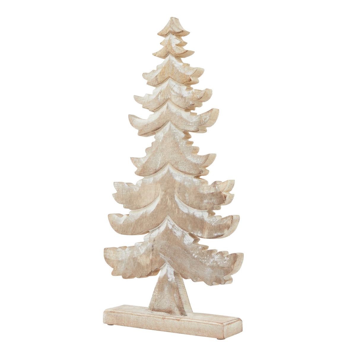 Whitewashed tiered wooden Christmas tree on white