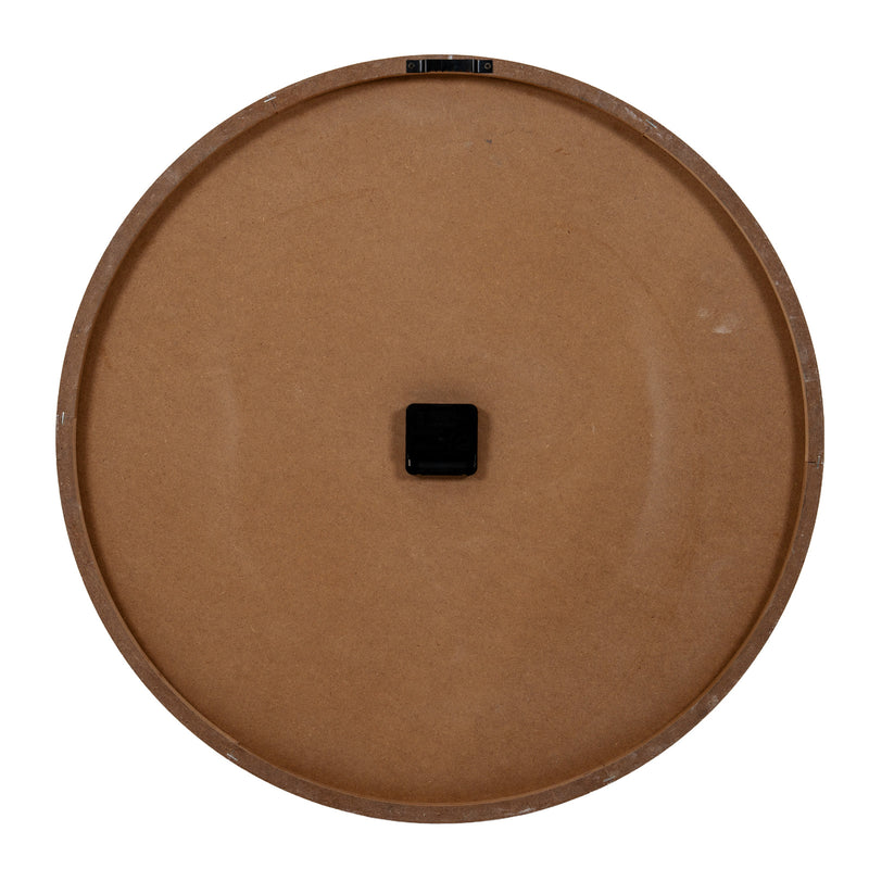 Whitewashed Wooden Wall Clock with Black Numerals – 60cm, back of the clock showing the movement