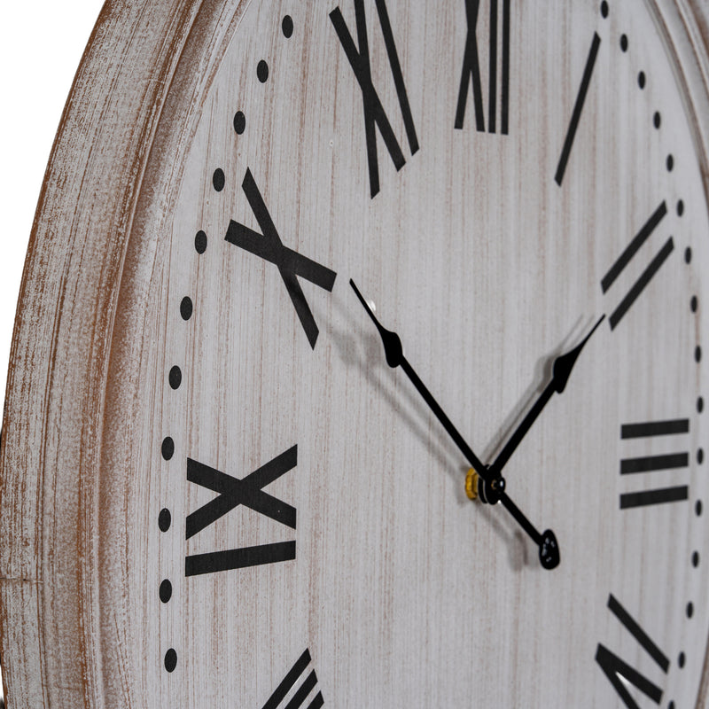Whitewashed Wooden Wall Clock with Black Numerals – 60cm, close-up of the numerals and hands