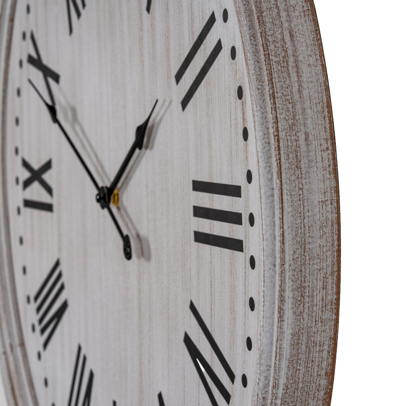 Whitewashed Wooden Wall Clock with Black Numerals – 60cm, close-up of the whitewashed frame