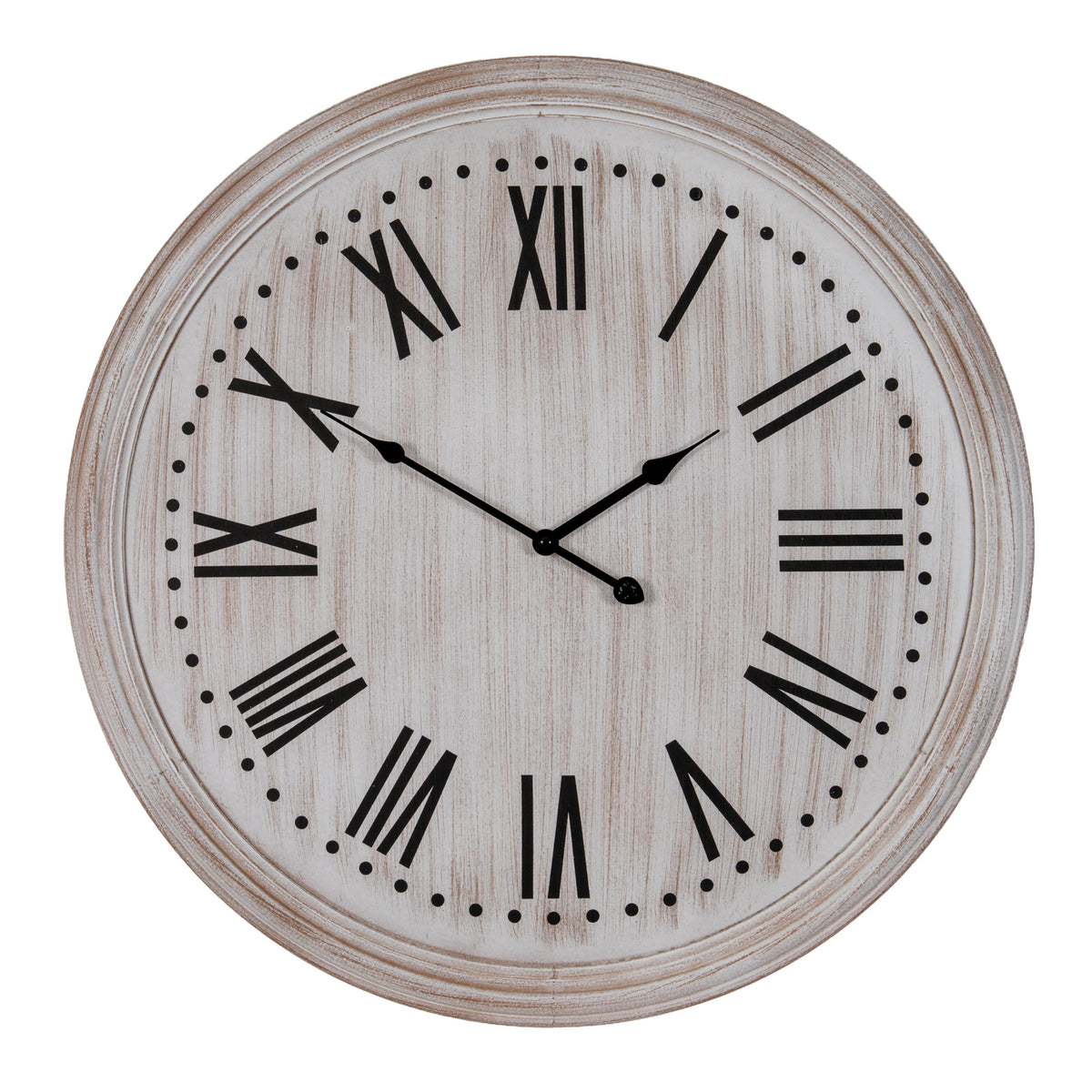 Whitewashed Wooden Wall Clock with Black Numerals – 60cm, whitewashed wall clock with black Roman numerals