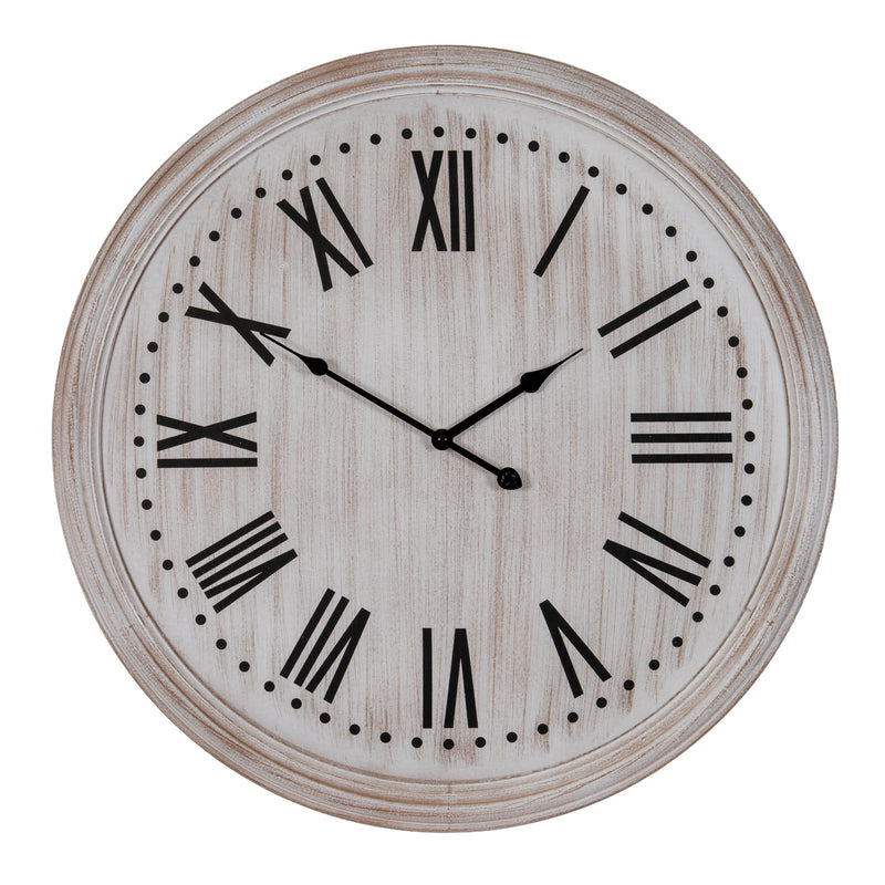 Whitewashed Wooden Wall Clock with Black Numerals – 60cm, whitewashed wall clock with black Roman numerals