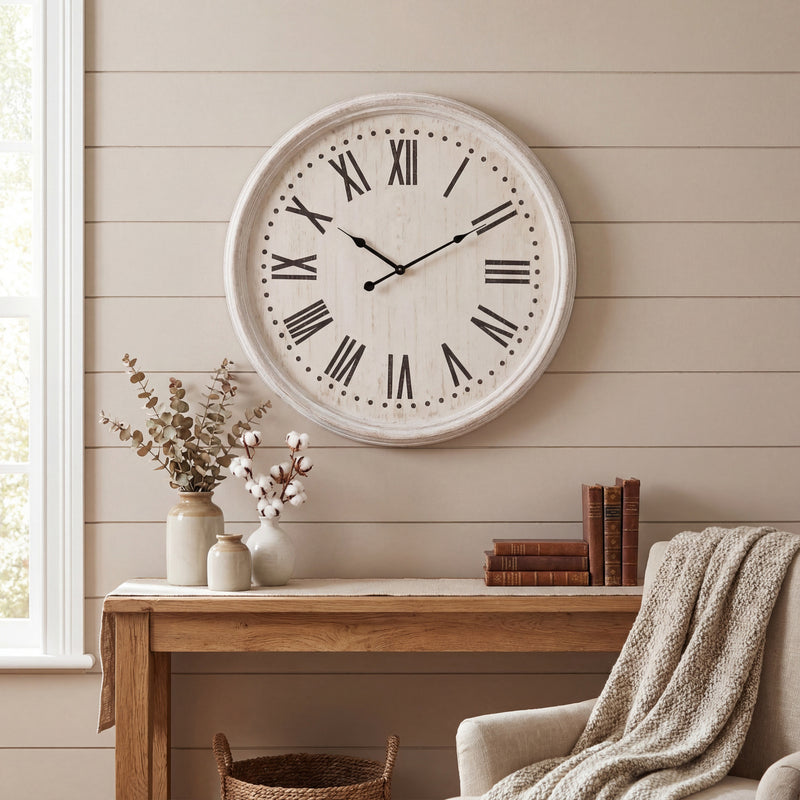Whitewashed Wooden Wall Clock with Black Numerals – 60cm, wall clock hung above a wooden console table