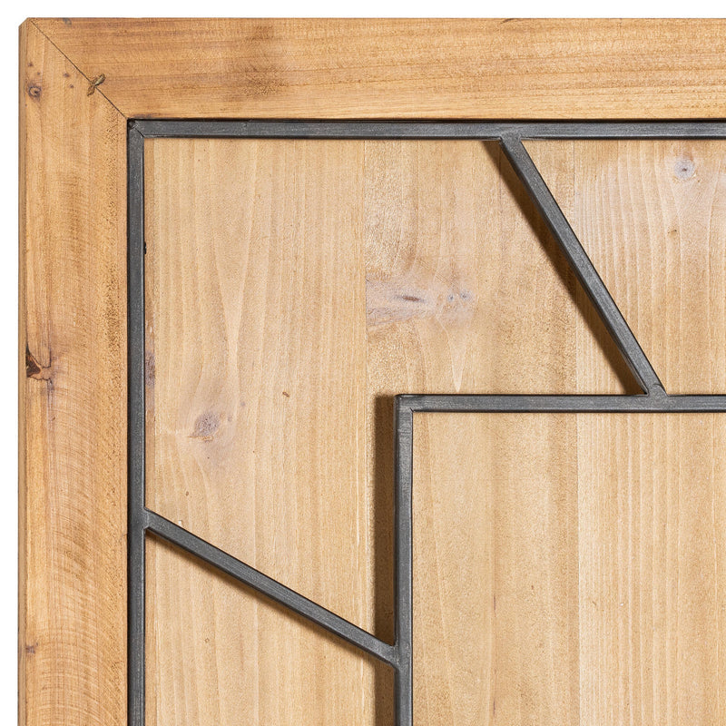 Close-up of the wood grain and grey metal frame
