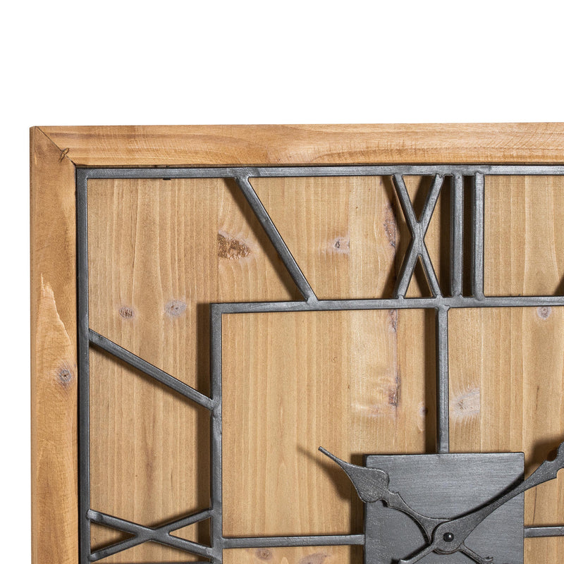 Close-up of the grey metal numerals over the wooden base