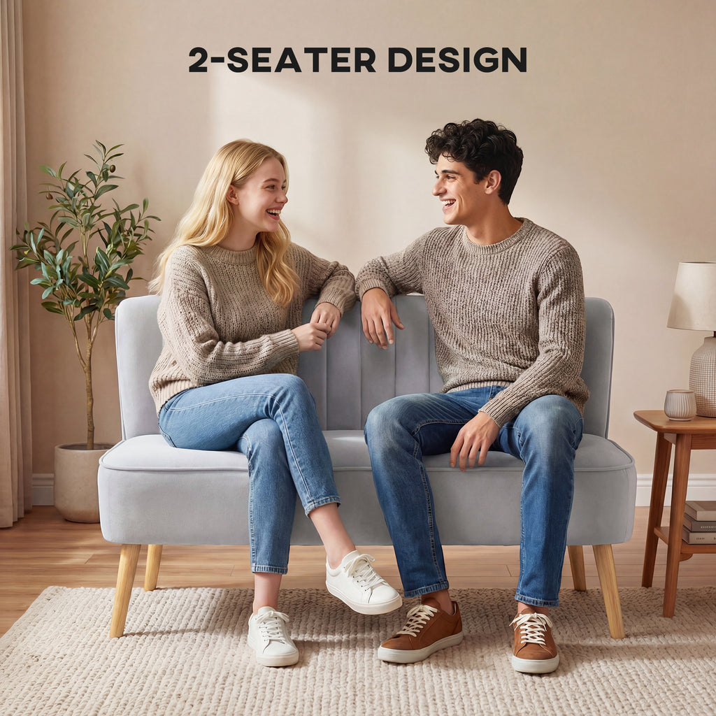 Modern Velvet Double Seat Sofa w/ Wood Frame Foam Padding Soft Comfortable Compact Couch Light Grey