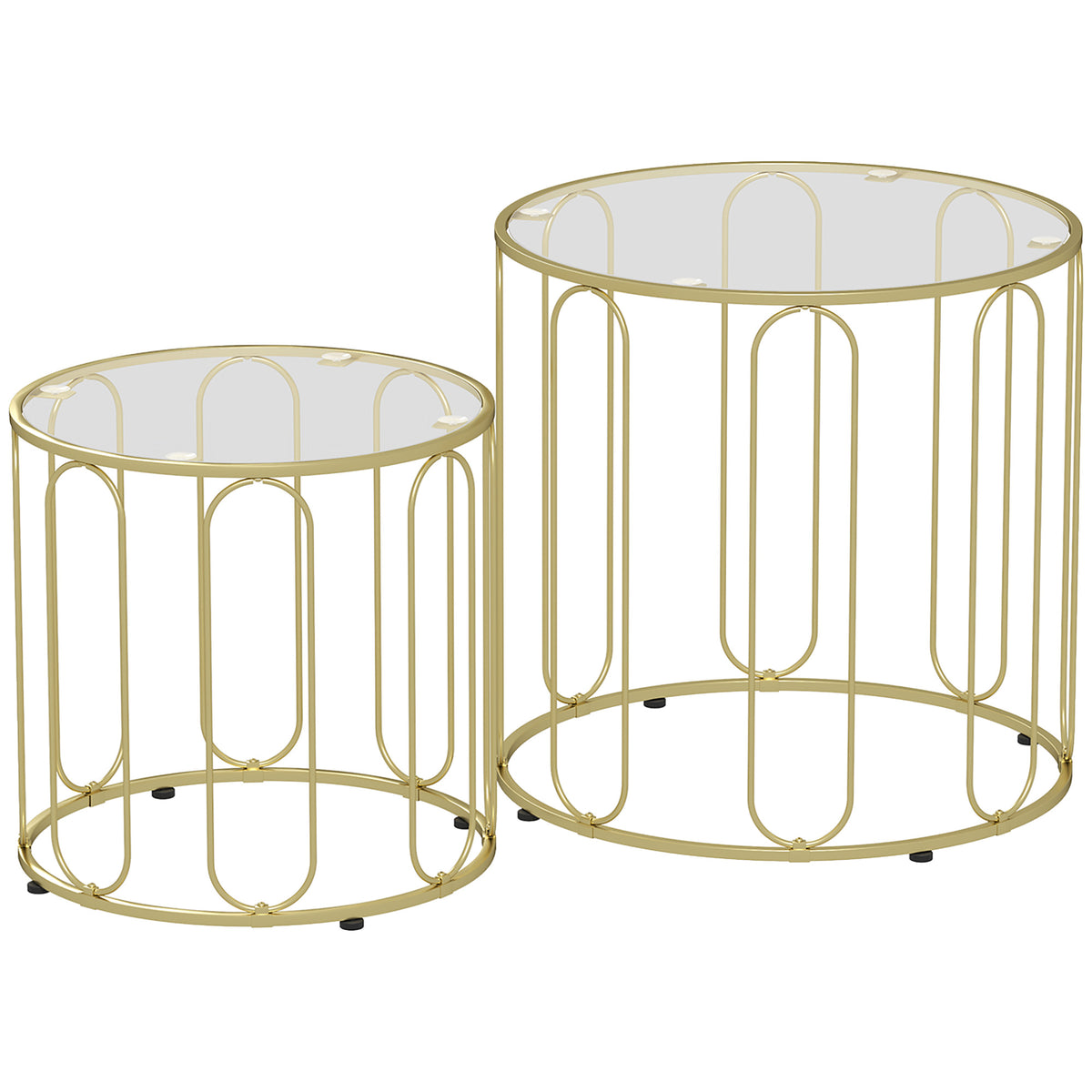 Set of 2 Round Glass Nesting Tables with Elliptical Frames – Gold Tone