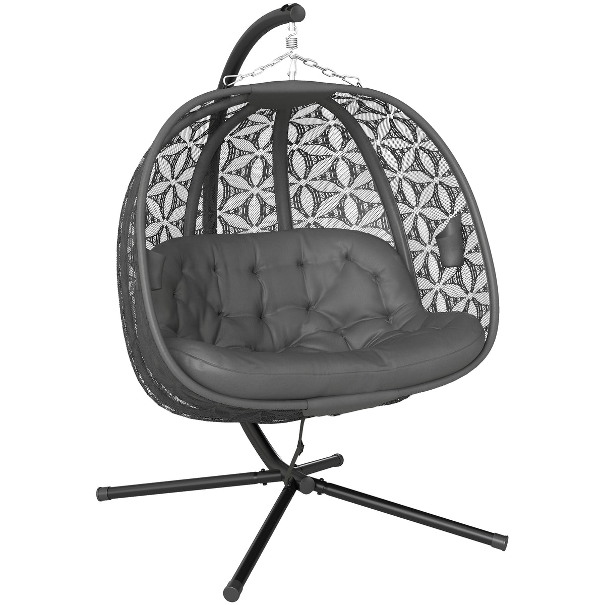 Charcoal grey double hanging egg chair with steel stand, padded cushion and cup pockets