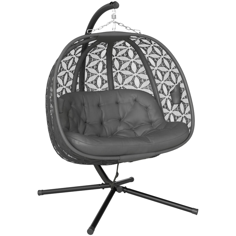 Charcoal grey double hanging egg chair with steel stand, padded cushion and cup pockets