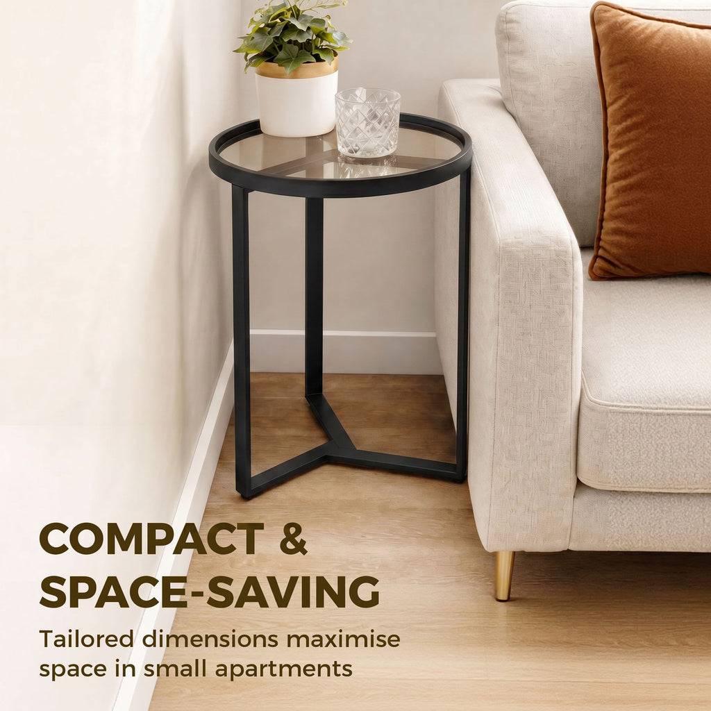 Round Side Table with Tempered Glass Top and Geometric Metal Frame for Small Space, Black