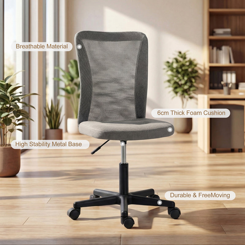 Vinsetto Computer Desk Chair, Mesh Office Chair with Adjustable Height and Swivel Wheels, Armless Study Chair, Grey – view 4