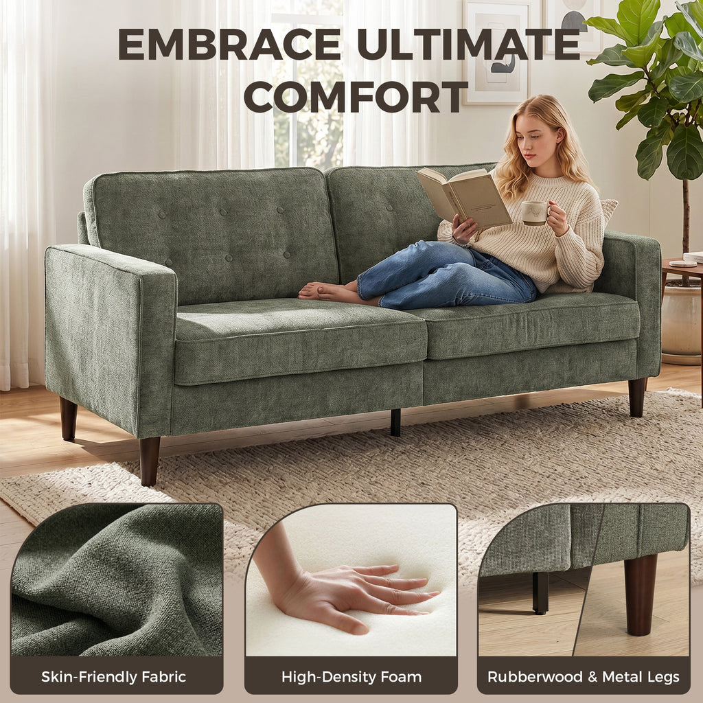 3 Seater Sofa Button Tufted Upholstered Couch with Wood Legs for Living Room, Green
