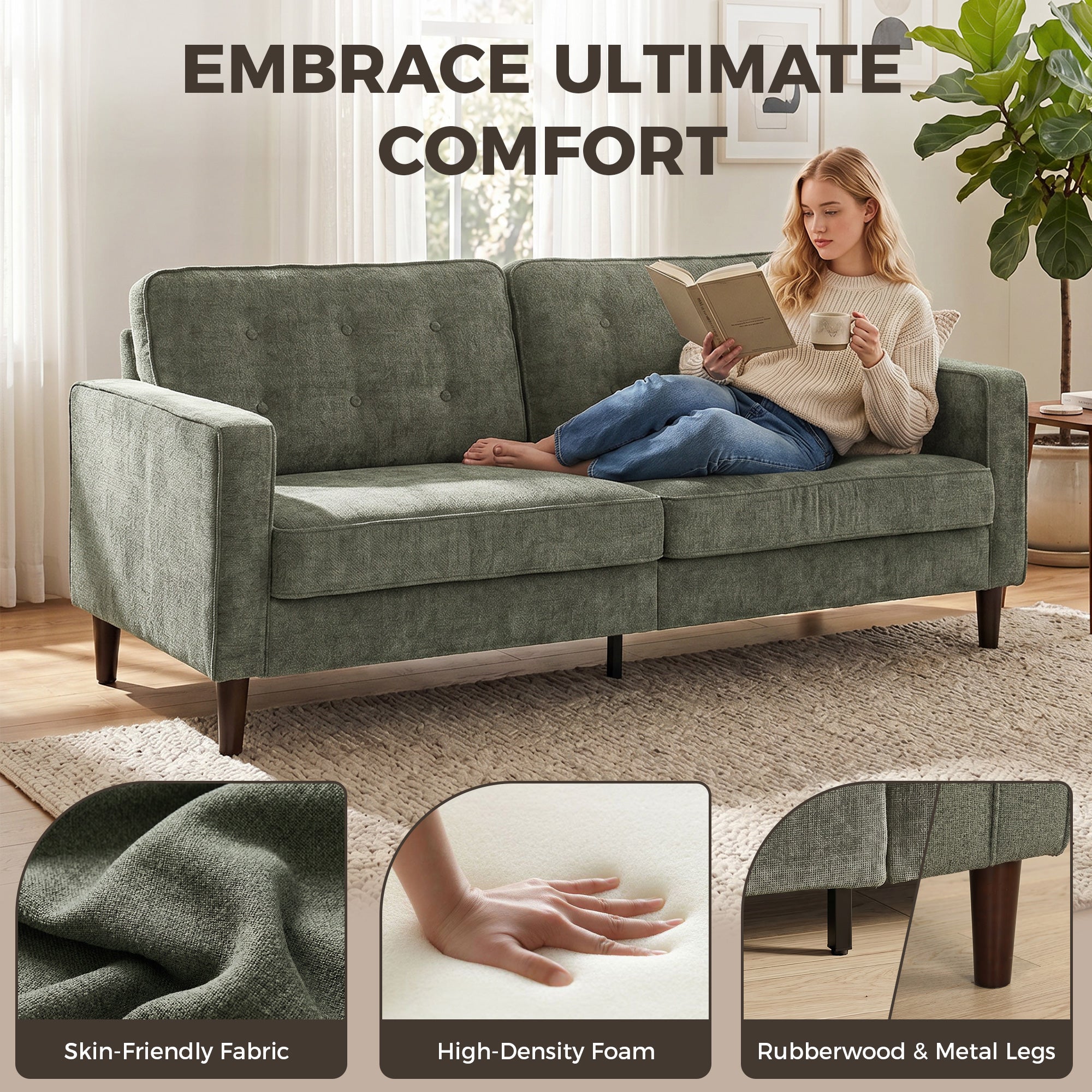 3 Seater Sofa Button Tufted Upholstered Couch with Wood Legs for Living Room, Green