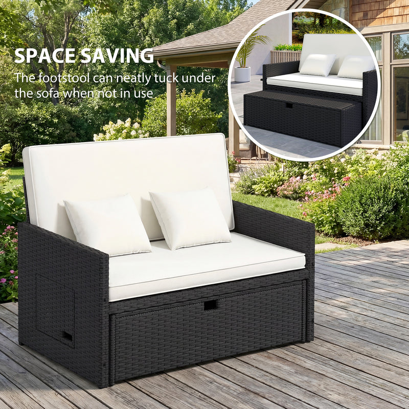 Outsunny Rattan Garden Daybed, Double Sun Lounger with 5-Level Adjustable Back, Storage Ottoman, Cream White – view 7