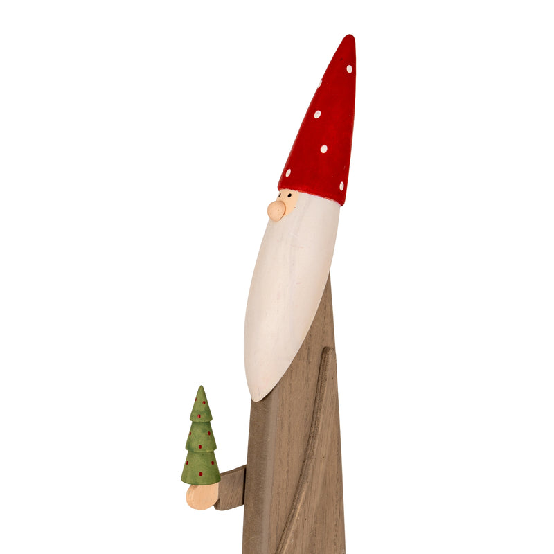 Close-up of the elf's red hat, beard and little tree