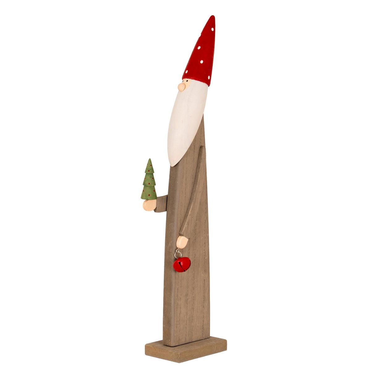 Wooden Christmas elf with red spotty hat holding a tree and bell
