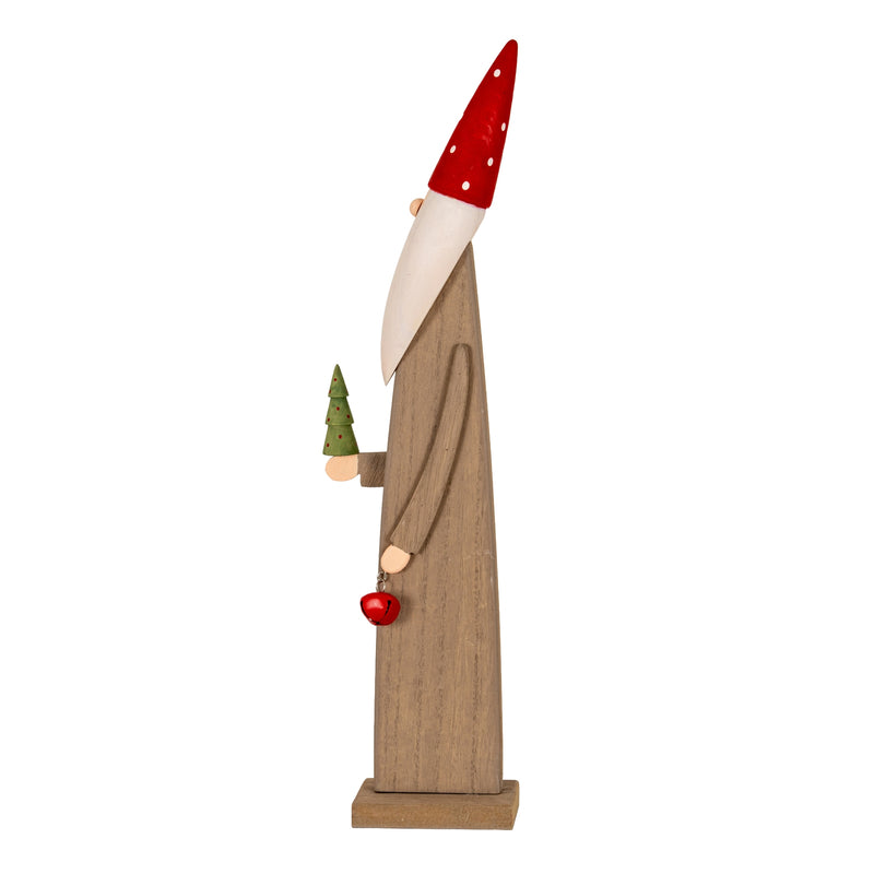 Wooden elf with tree and bell from a side angle