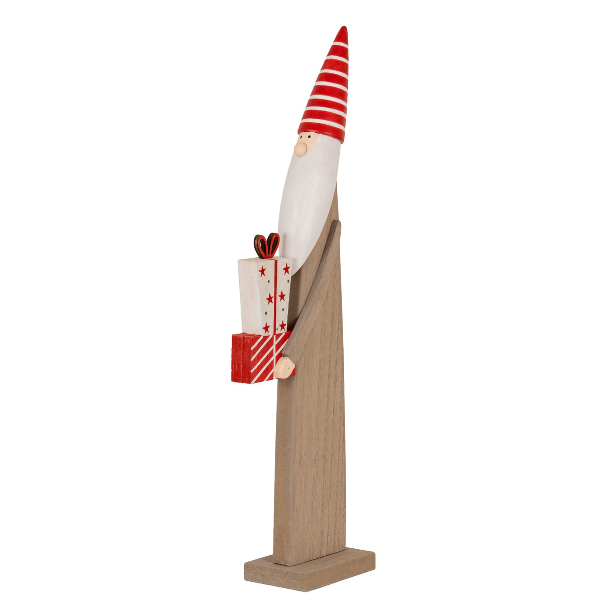 Wooden Christmas elf with striped hat holding presents