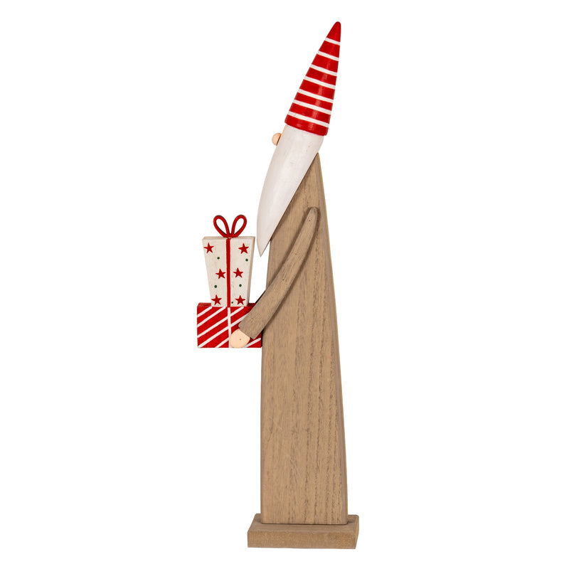 Wooden elf with presents from a side angle