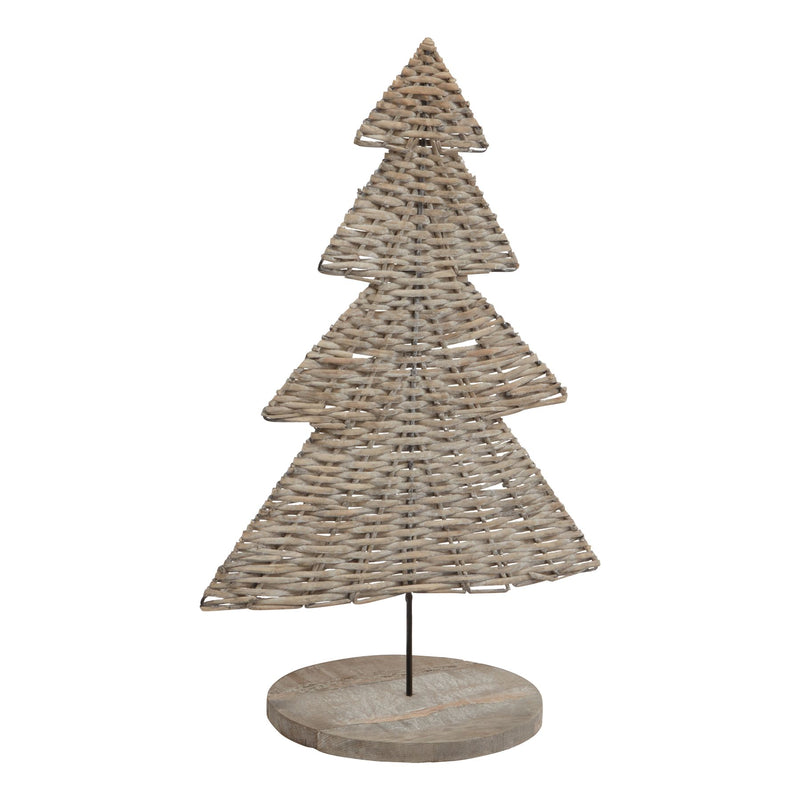 Woven wicker Christmas tree on a round wooden base on white
