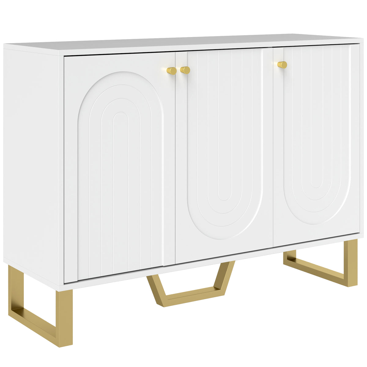 White sideboard with three arched embossed doors, gold-tone handles and legs