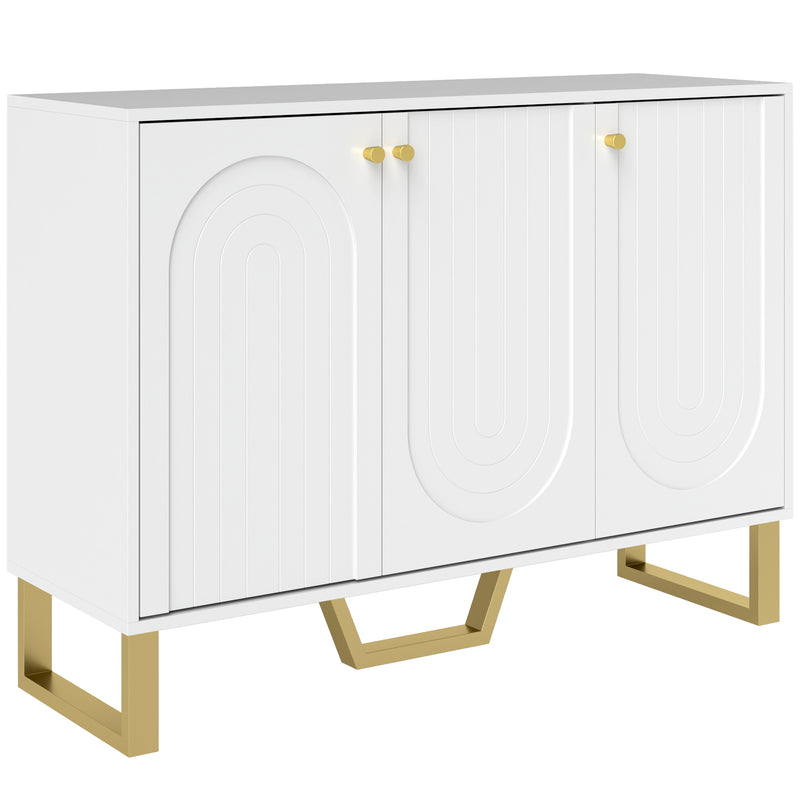 White sideboard with three arched embossed doors, gold-tone handles and legs