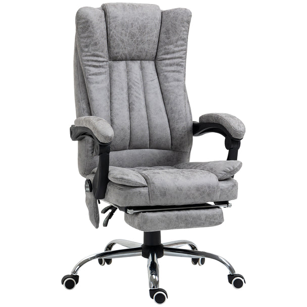 Grey microfibre reclining massage office chair with pull-out footrest, side remote pocket and swivel wheels