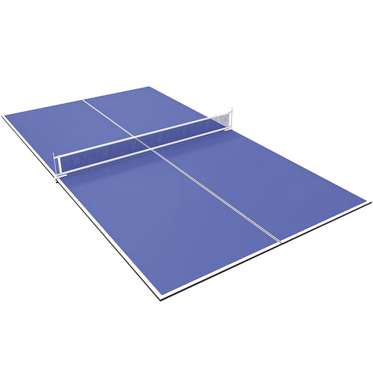 Blue 9ft folding table tennis conversion top with net on a billiard table
