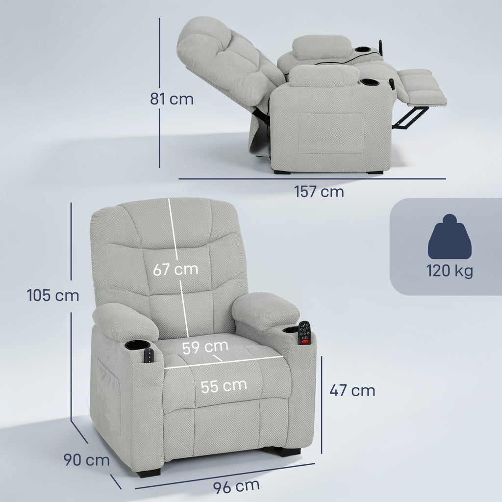 Electric Massage Recliner Armchair with Vibration, Heat, Whisper-Quiet Motor, Memory Function, Fleece Power Reclining Chair with Spring Pack, USB Port, Footrest, Side Pocket, Grey