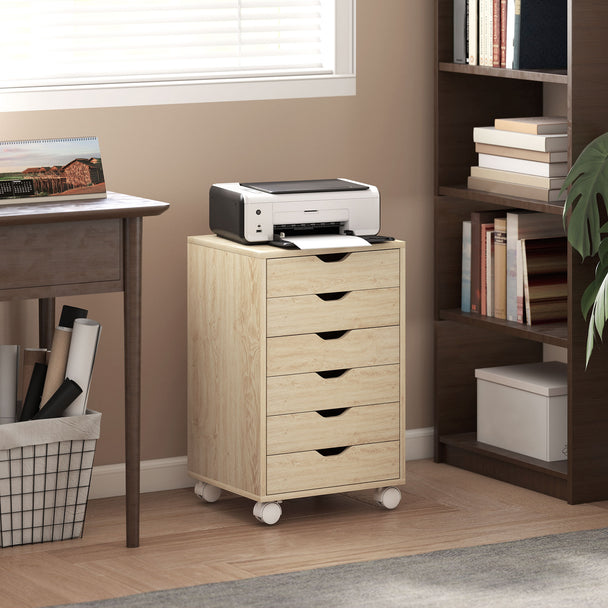 HOMCOM 6 Drawer Vertical File Cabinet, Mobile Filing Cabinet with Quiet Drawers and Wheels with 2 Brakes, Oak Wood – view 2