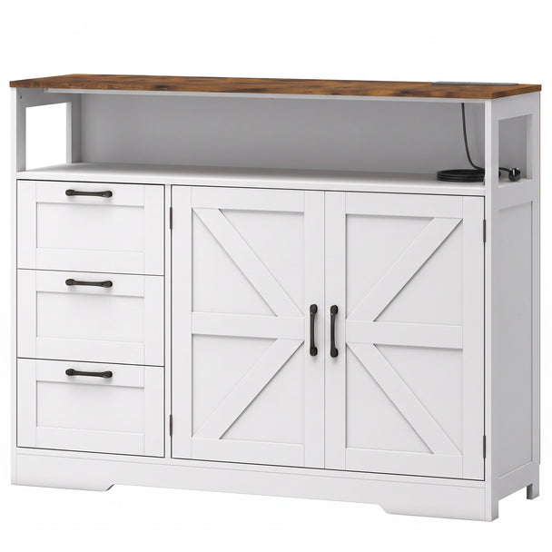 HOMCOM Sideboard Cabinet with Power Outlet, Farmhouse Kitchen Cabinet with 3 Drawers and Open Shelf, White