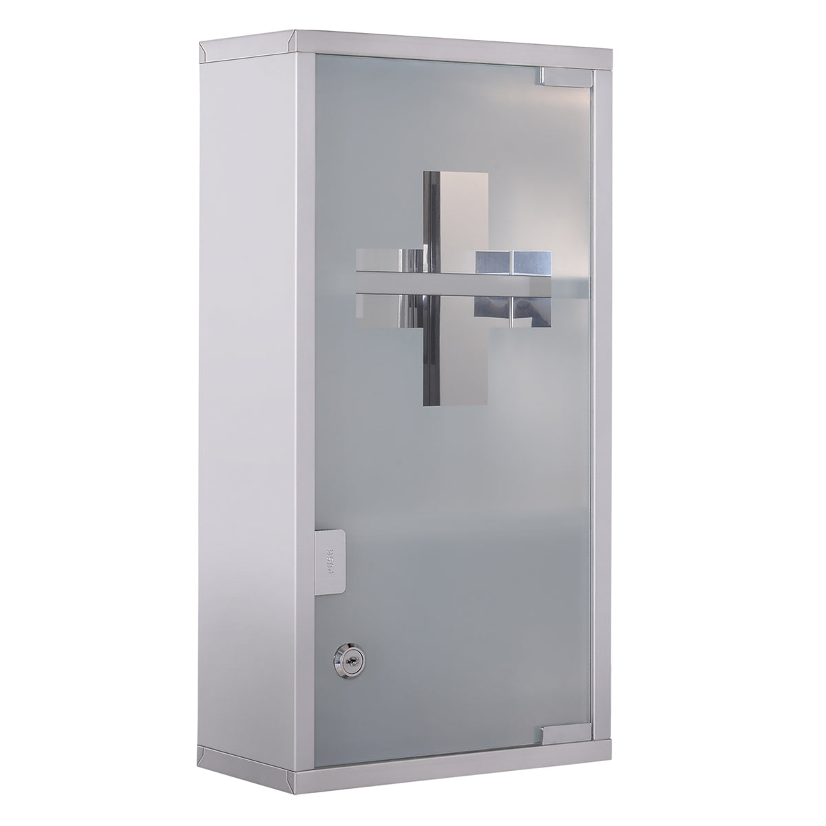 Silver stainless steel wall-mounted medicine cabinet with lockable glass door and two shelves