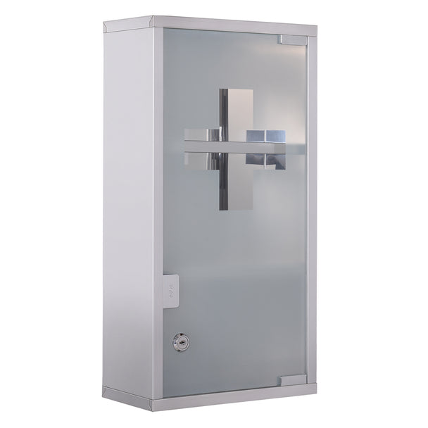 Silver stainless steel wall-mounted medicine cabinet with lockable glass door and two shelves