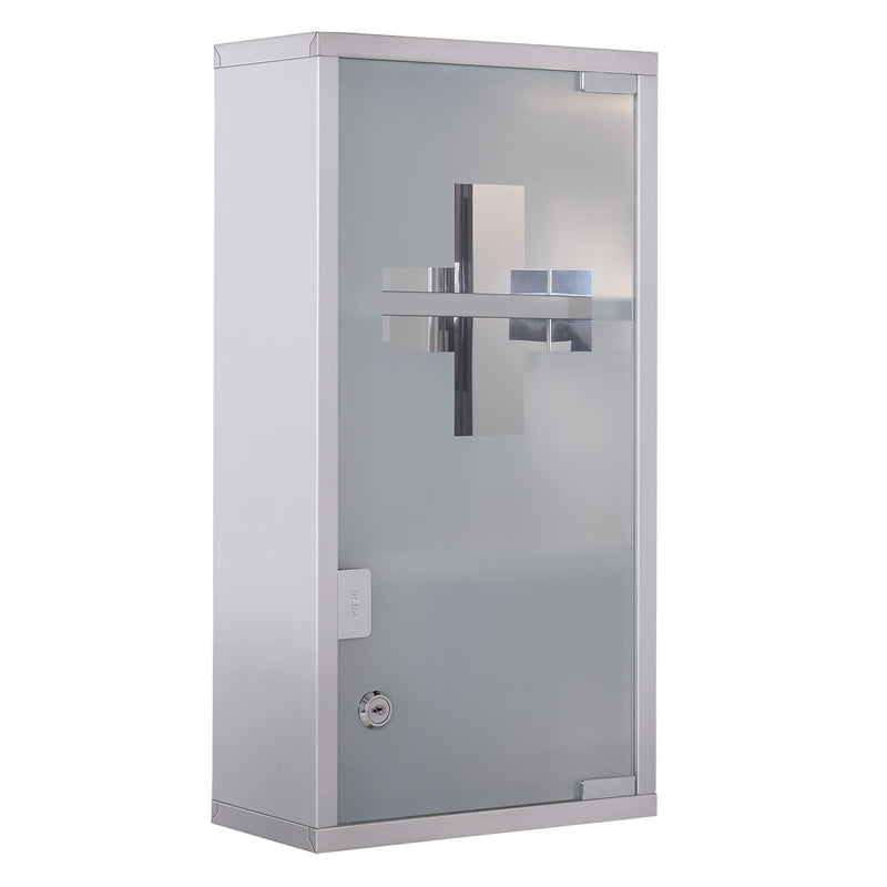 Silver stainless steel wall-mounted medicine cabinet with lockable glass door and two shelves