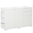 Wide white handle-free sideboard with high gloss frame, two push-open drawers and two cupboards