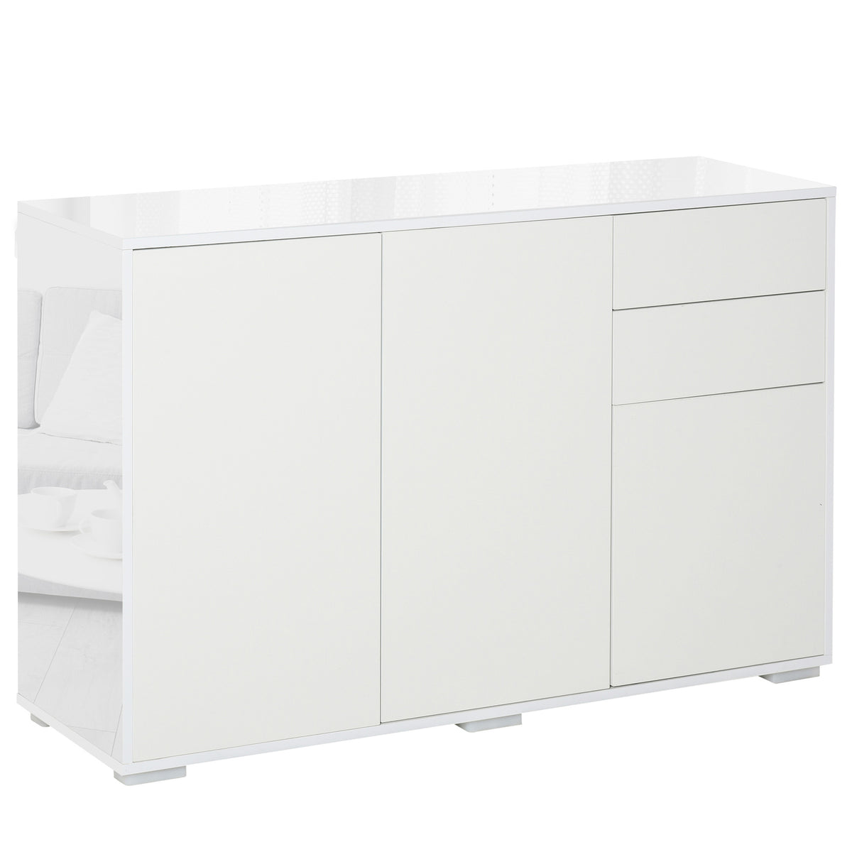 Wide white handle-free sideboard with high gloss frame, two push-open drawers and two cupboards