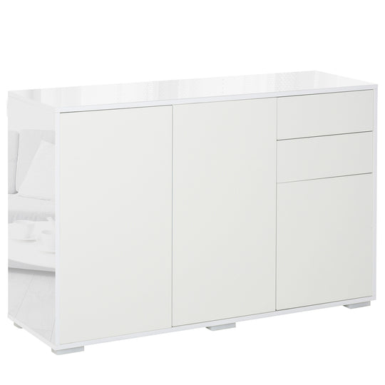 Wide white handle-free sideboard with high gloss frame, two push-open drawers and two cupboards