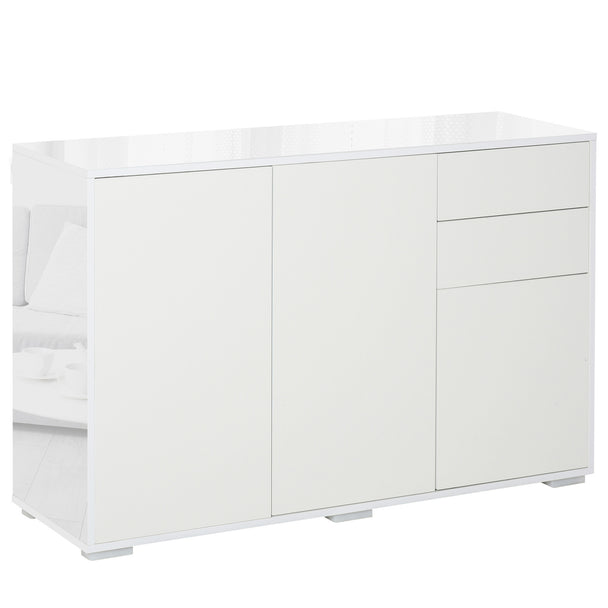 Wide white handle-free sideboard with high gloss frame, two push-open drawers and two cupboards