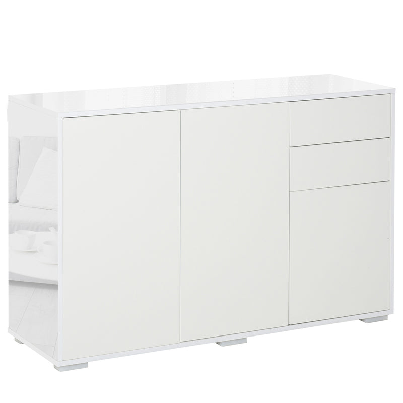 Wide white handle-free sideboard with high gloss frame, two push-open drawers and two cupboards