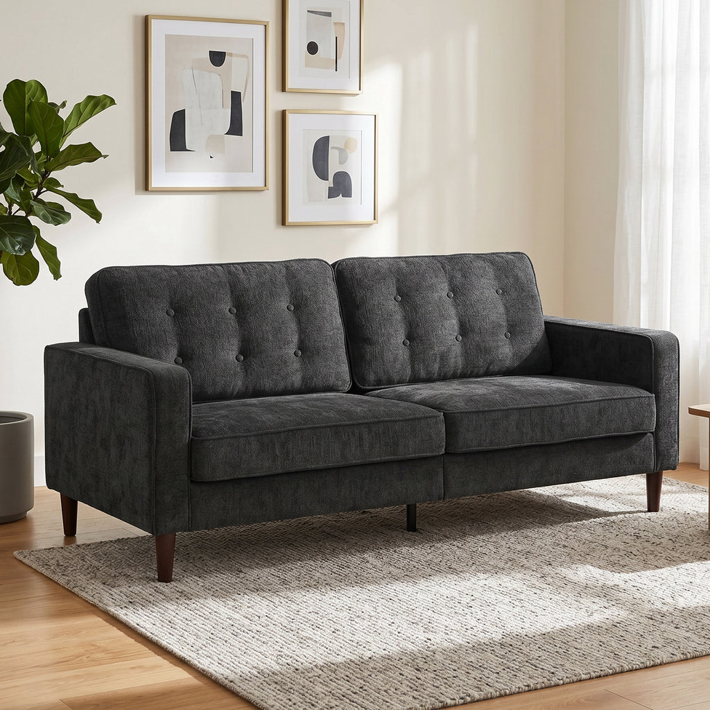 3 Seater Sofa Button Tufted Upholstered Couch with Wood Legs for Living Room, Dark Grey